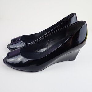 Stuart Weitzman Womens 8.5 M Black Wedges Patent Leather Open Peep Toe